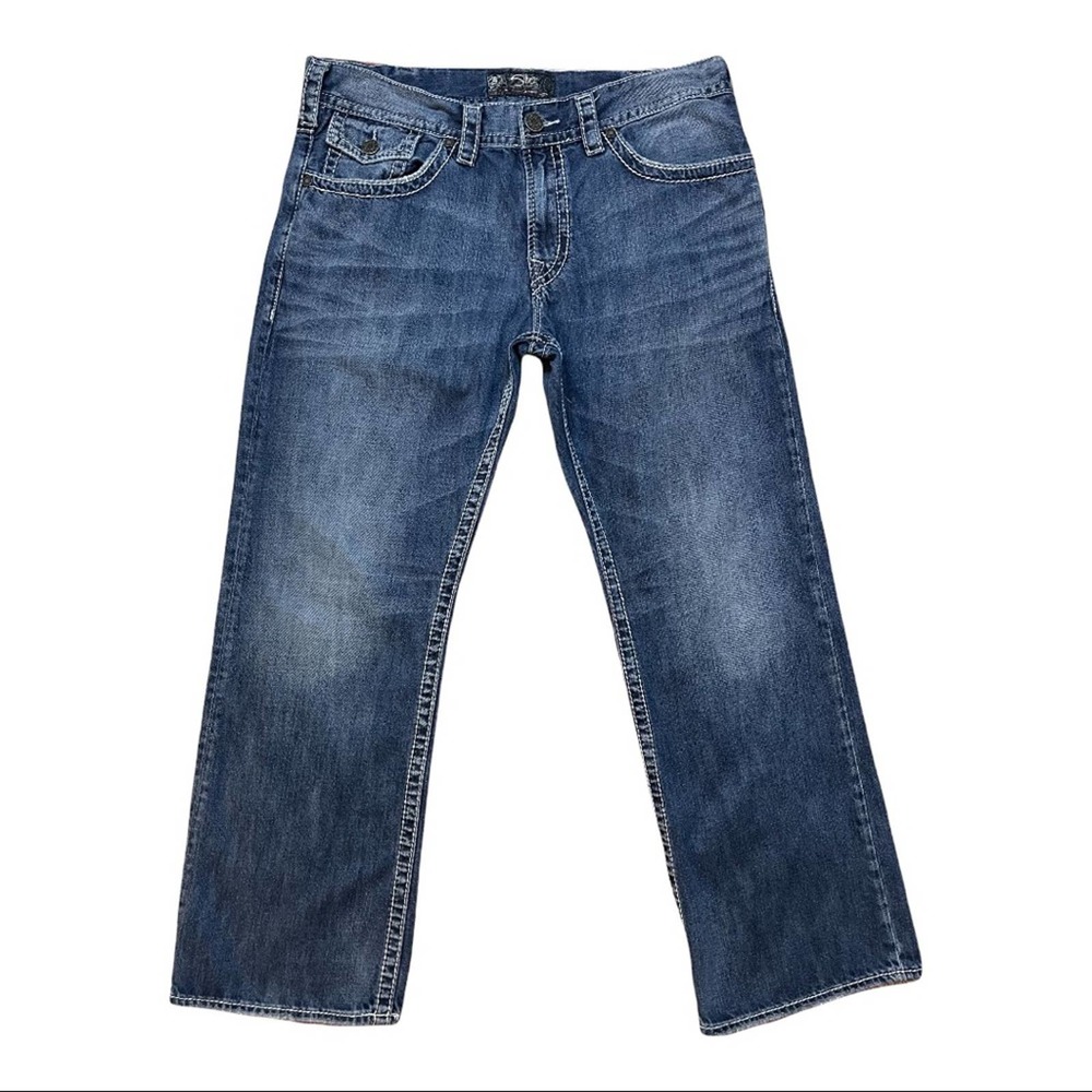 Men’s Silver Distressed Zac Flap Pocket Jeans White Thread Straight Leg 36x30